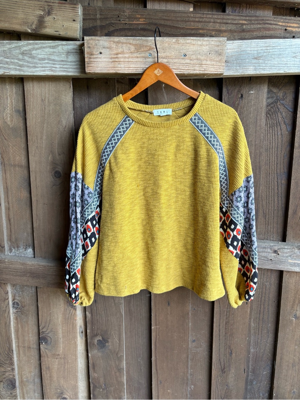 THML Mustard Patchwork Boho Hippie Long Sleeve Top
